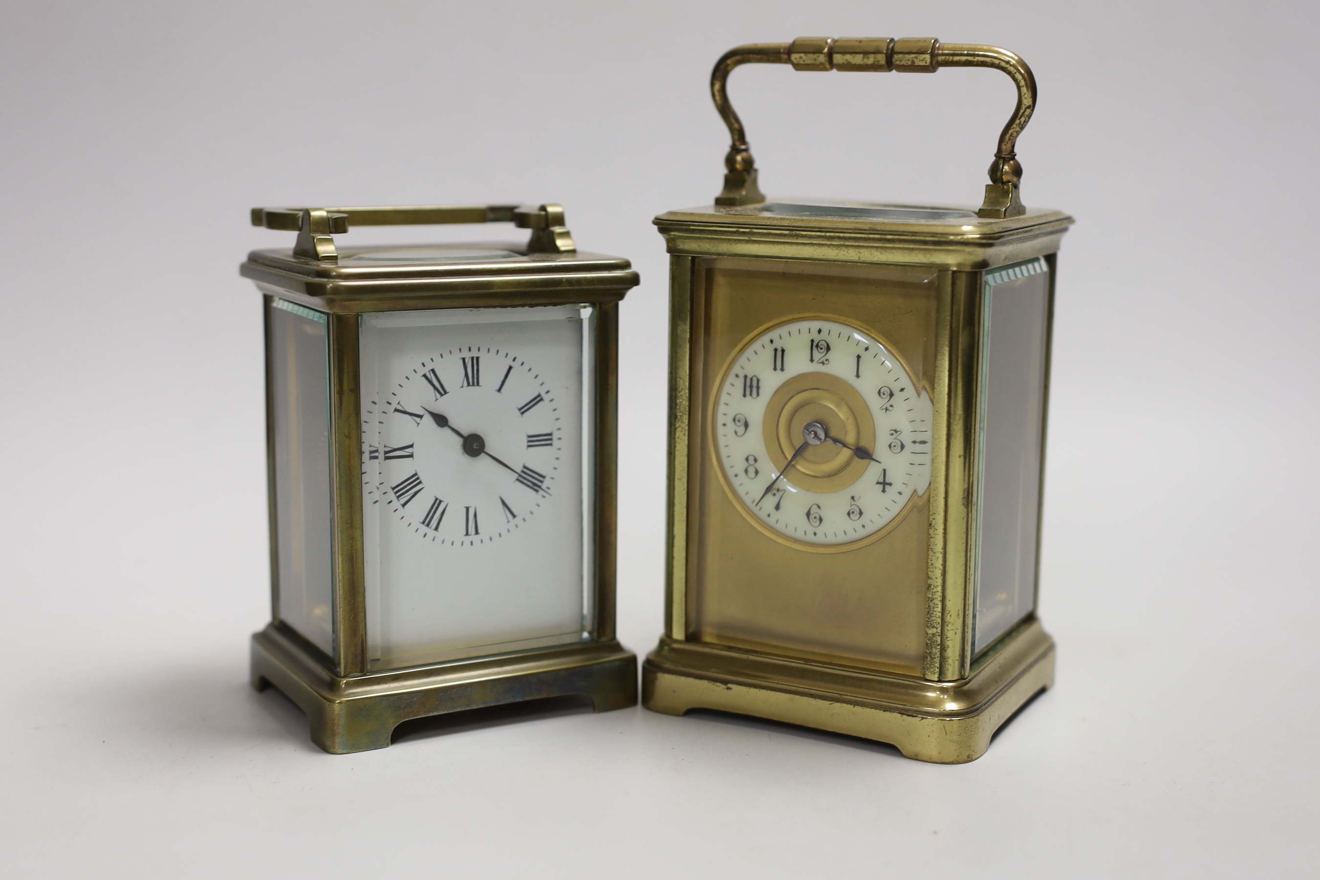 Two brass carriage timepieces, tallest 16cm